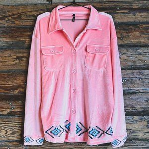 Pink Velvet Button Down with Aztec Turquoise Trim